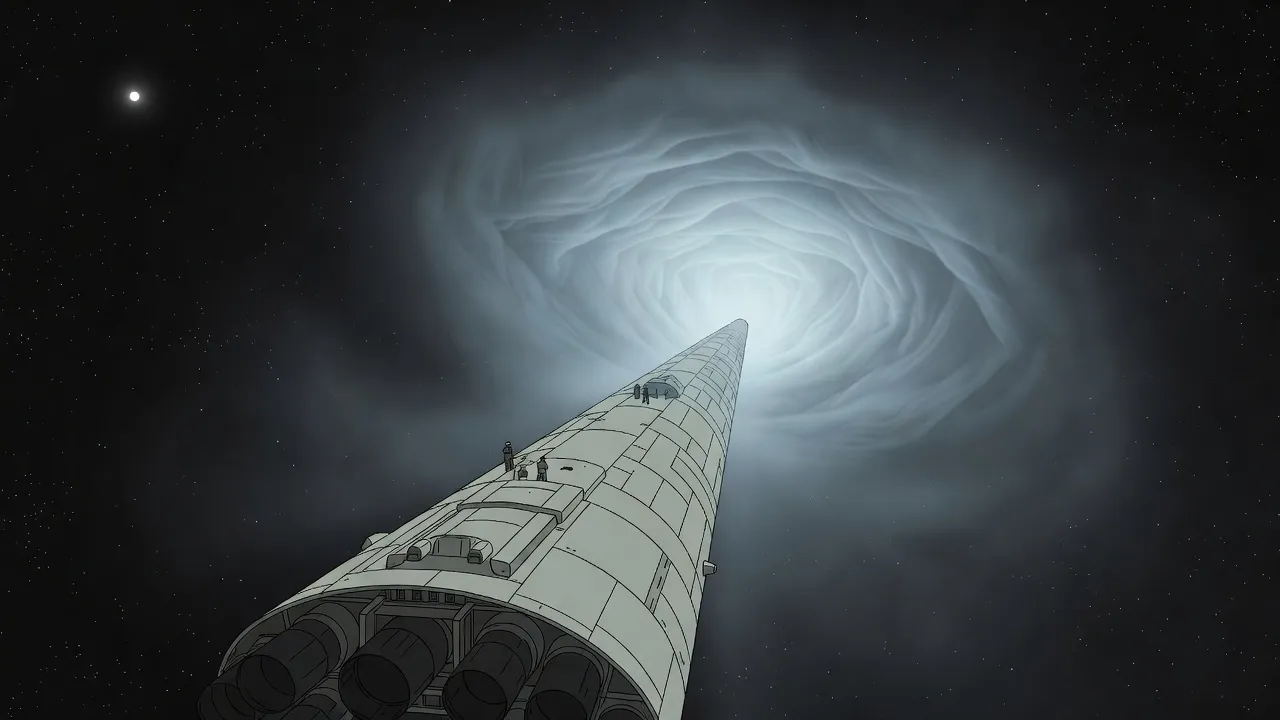 A long cream-grey starship, seen from behind with its engine nozzles in the foreground, runs nose-first into a widening funnel of pale blue-white light in black space, a few tiny suited figures on its hull and the small bright Sun far off.