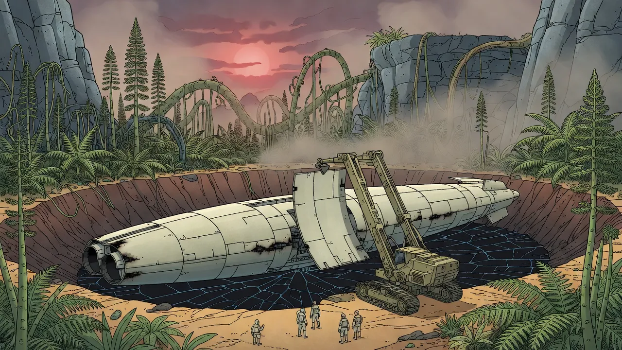 A huge scorched starship lies half sunk in a glassy crater under a reddish sun and purple clouds, giant fern-like plants at the rim, while a tall tracked loader lifts a pale armour plate from its hull.