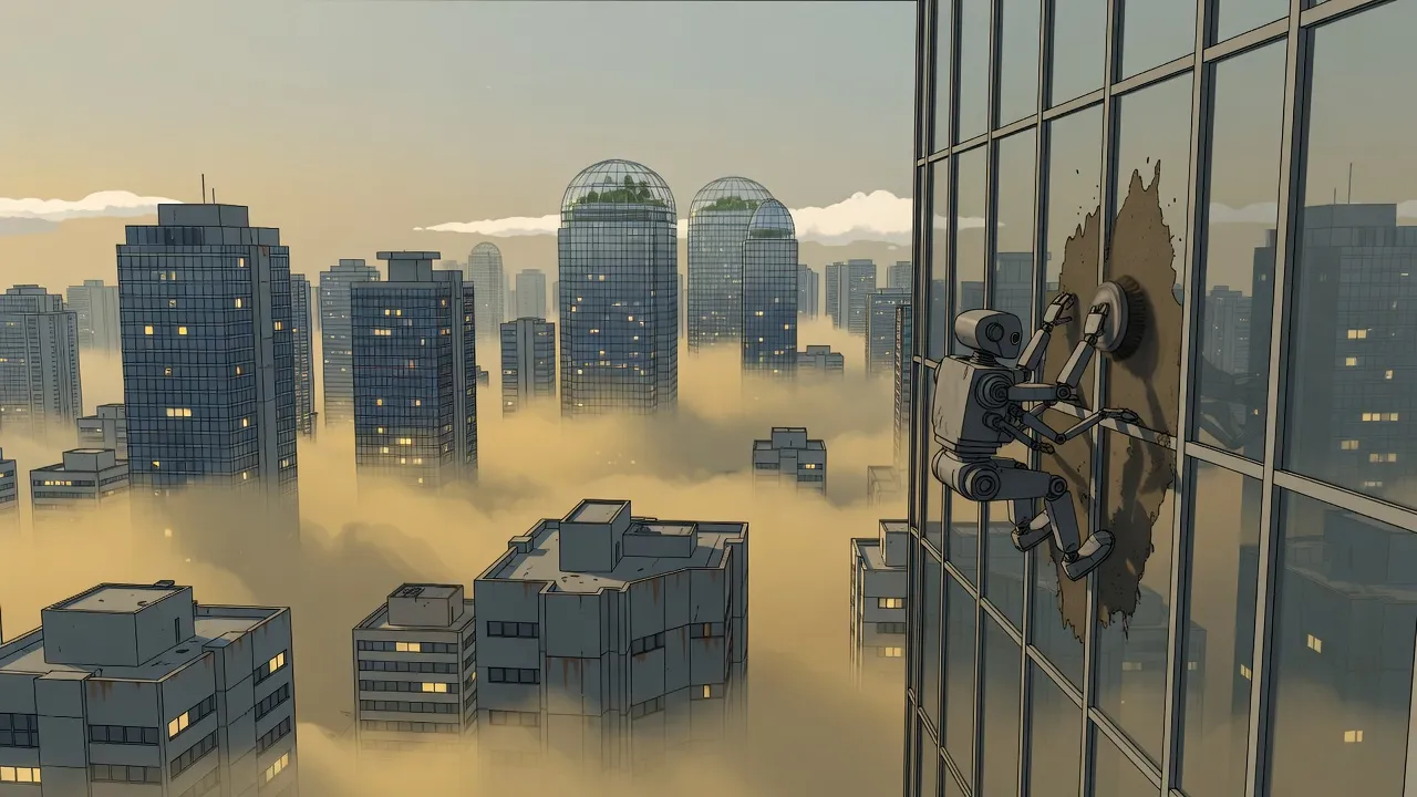 Glass tower-blocks rise out of a sea of yellow-brown fog at sunrise, domed gardens on the highest towers, while a small steel service robot clings to a window in the foreground and scrubs a brown crust off the glass.