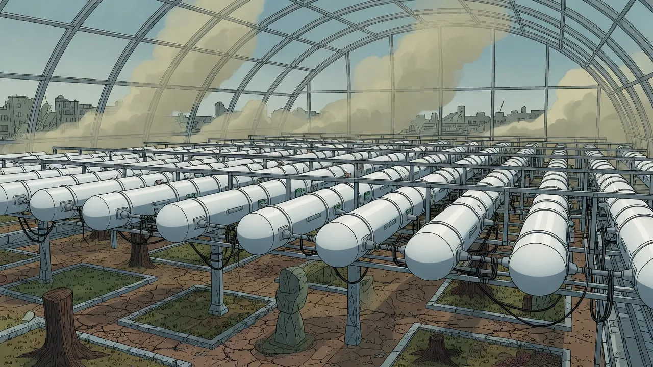Under a glass dome, endless rows of white capsules hang in steel frames over dead flowerbeds and tree stumps, yellow-grey haze beyond the glass.