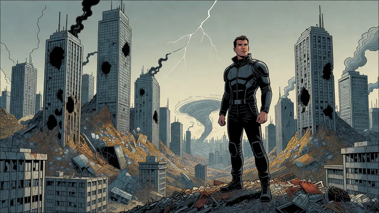 A broad-shouldered young man in a black armoured jacket stands on a slope of rubbish before ruined grey skyscrapers, a grey tornado on the horizon under a cracked pearl-grey sky.