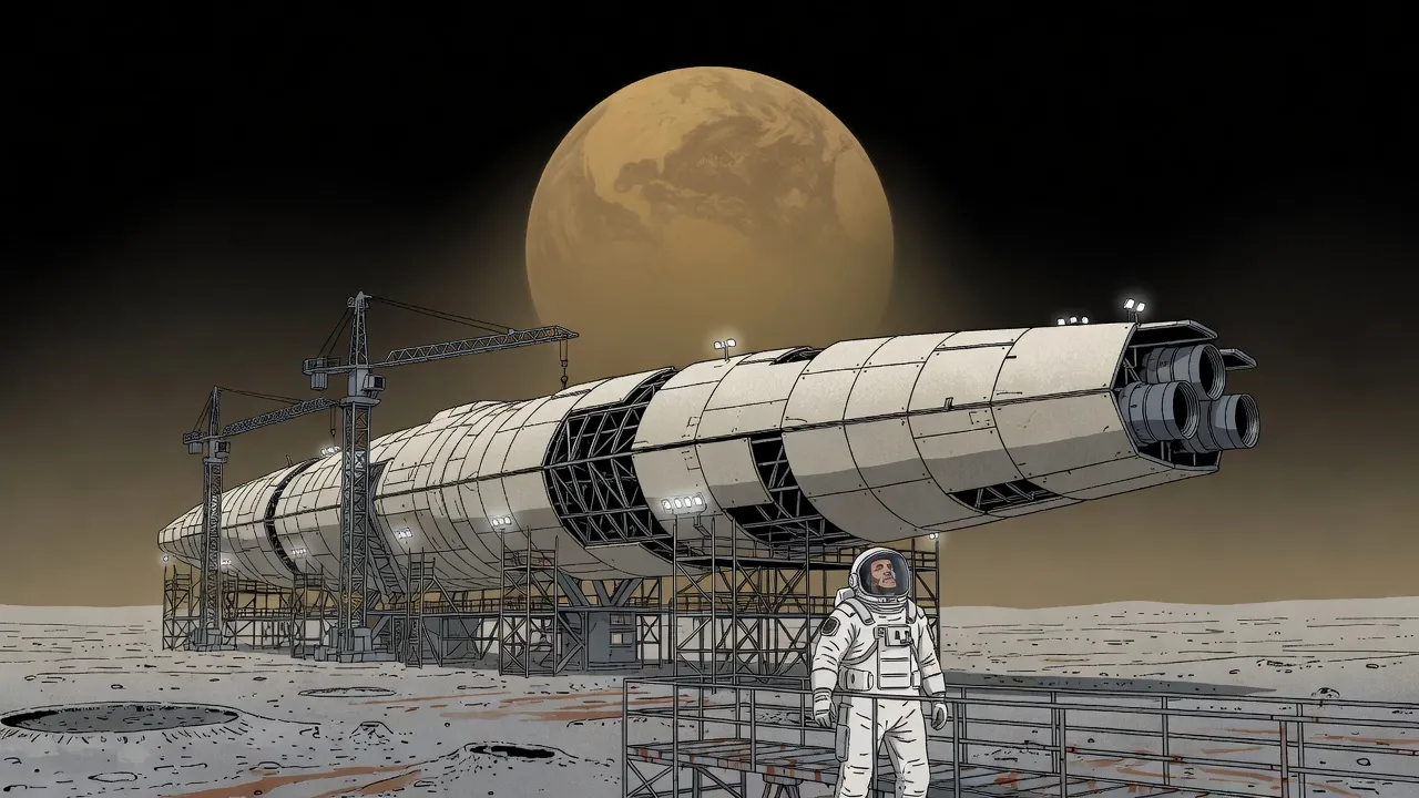 A long, half-built cream-grey starship lies in steel scaffolding on the grey Moon, a hazy brown-veiled Earth above the horizon and a suited worker on a catwalk in the foreground.