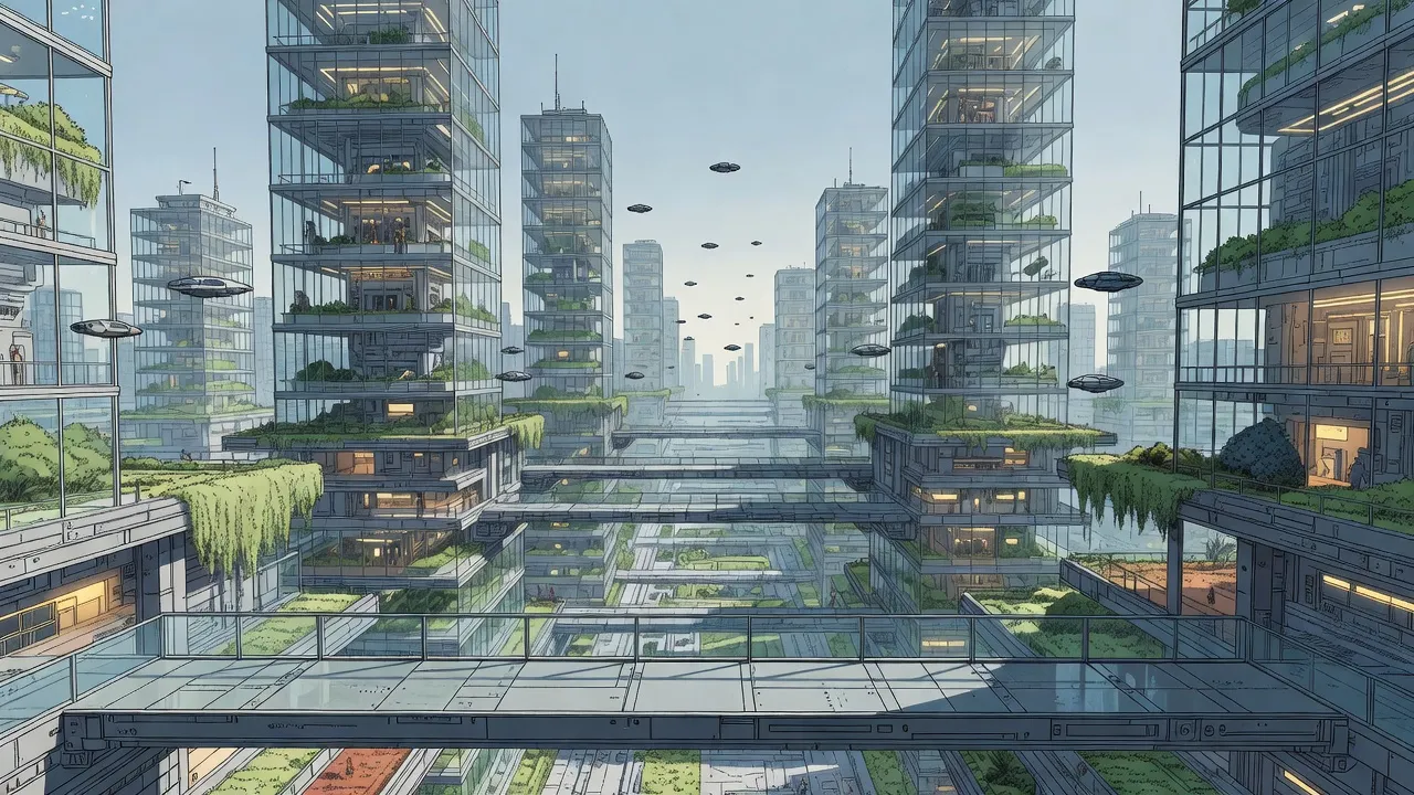 Transparent towers like giant glass terrariums full of gardens soar into white cloud above a plaza repeated level under level, seen from a high glass skybridge in clear daylight.
