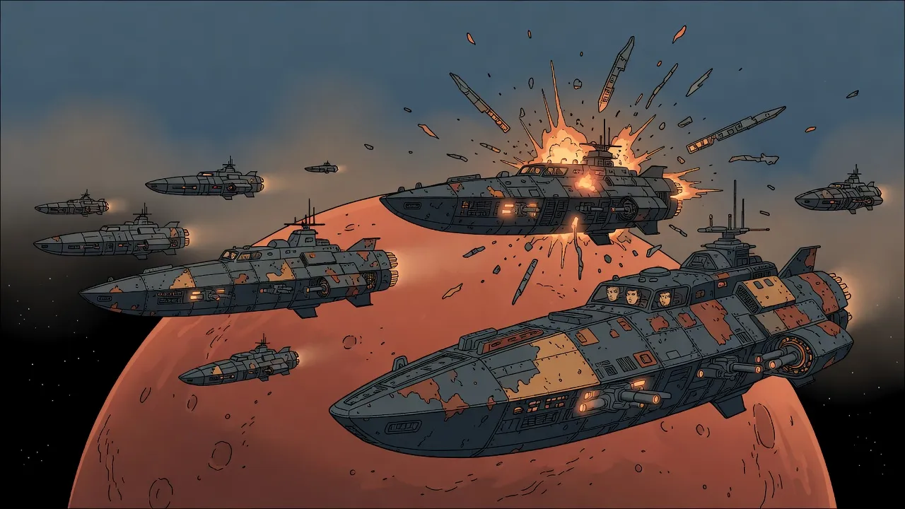 Battered dark warships close in over the rust-red disc of Mars, a few small crew faces at the nearest ship’s bridge windows, as a large cruiser ahead of them breaks apart in orange fire.