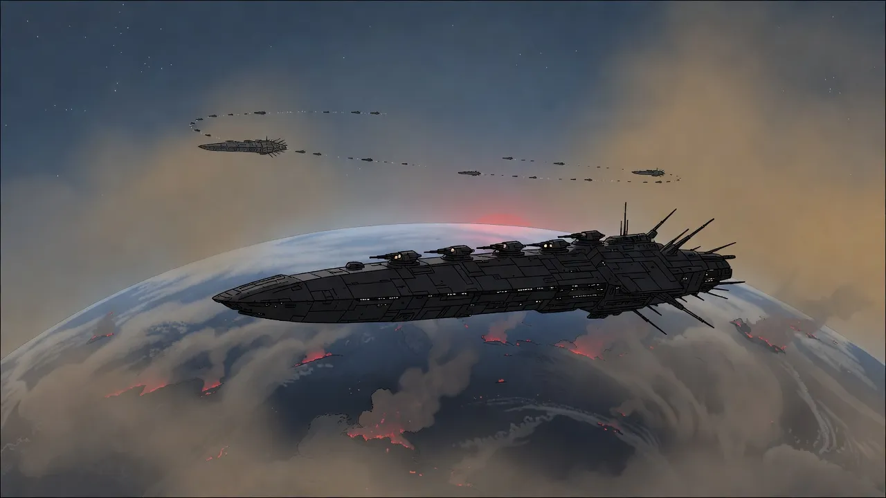 A long dark warship hangs in orbit over the night side of a cloud-covered planet dotted with dull red fires, faint specks of other ships far beyond it.