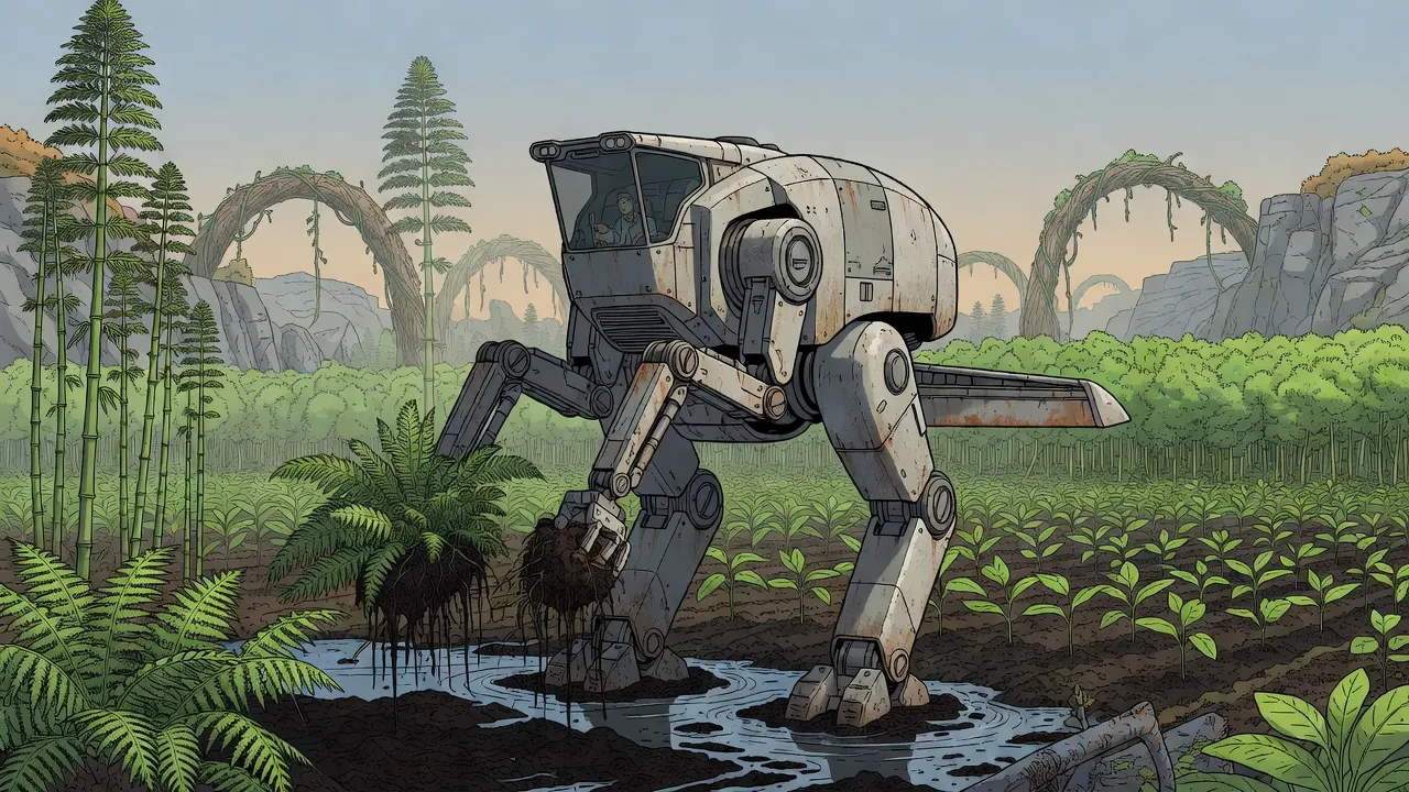 A colossal two-legged armoured machine with a flat glass-fronted cabin and a small pilot inside wades knee-deep through a drained swamp, one jointed arm pulling a giant fern out by the roots beside rows of young plantation trees.