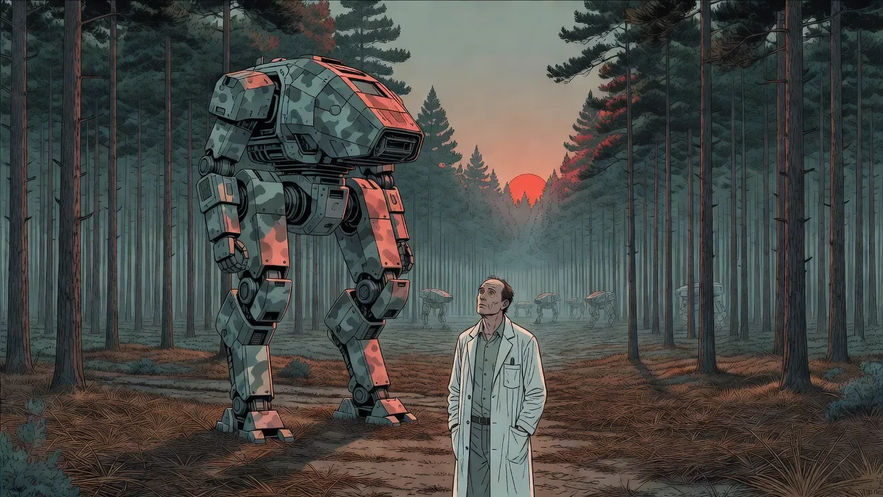 At dawn a tired man in a white laboratory coat stands on a path of pine needles looking up at a row of giant two-legged war machines parked under tall dark pines lit crimson by an orange sun.