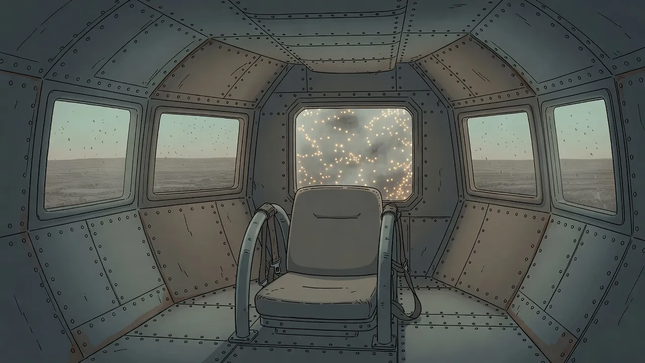Inside a windowless armoured cabin, an empty padded pilot’s seat between curved arcs, a block of clouded crystal glowing amber in the wall behind it, screens showing falling ash.