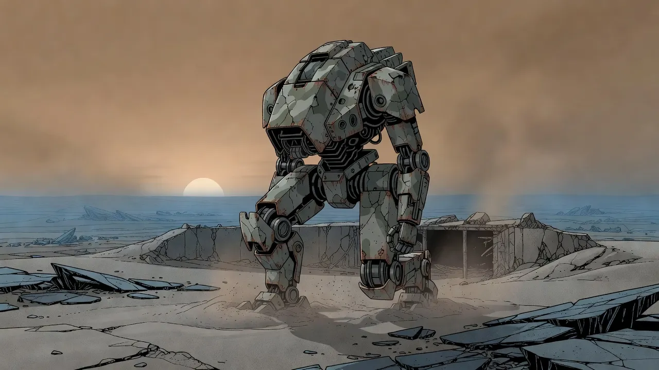 A long-abandoned two-legged war machine stands hunched, knees bent and feet sunk in drifted grey dust, on a plain of ash under a brown sky, a ruined bunker entrance behind it and a pale sun low on the horizon.