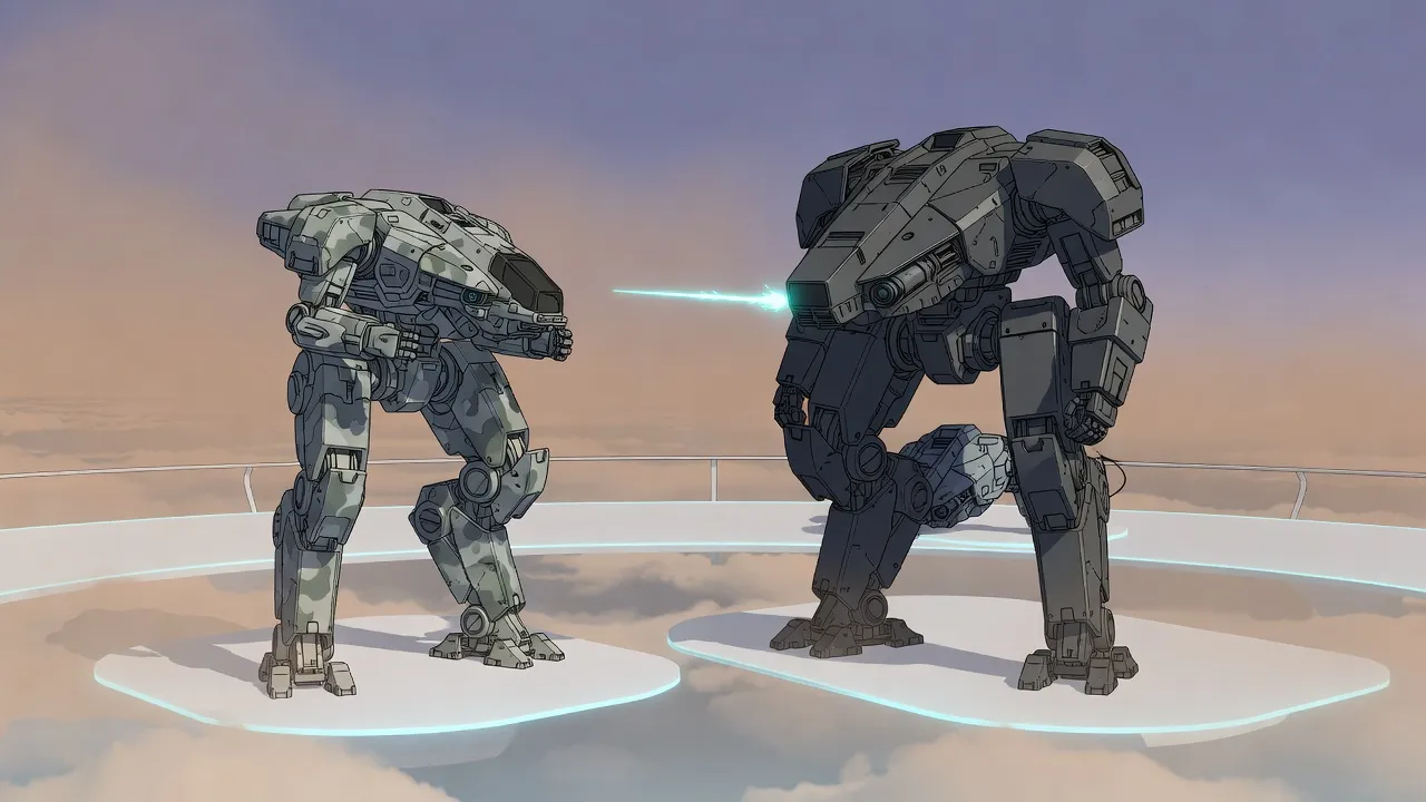 On a floating white arena under a violet sky, two giant two-legged war machines in bright, too-perfect colours duel as a streak of cyan light crosses between them.
